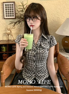 设计感小众格纹衬衫短袖女夏季新款修身显瘦衬衣穿搭甜美上衣ins