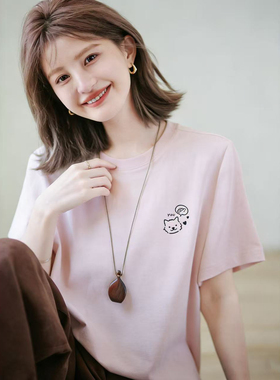 纯棉粉色简约小猫印花t恤衫短袖女夏季新款小众宽松休闲正肩上衣