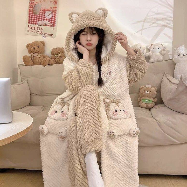 学生睡袍长款连帽情侣家居服套装可外穿遛弯睡袍女冬加厚冬天睡衣