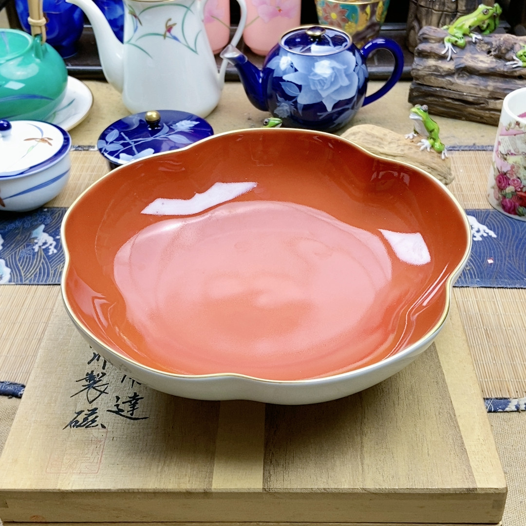 大漏！稀有款！深川赤绘町梅型大钵 木盒 孤品