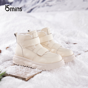 15mins白色雪地靴2025新款棉鞋女冬保暖加绒加厚外穿高帮休闲板鞋
