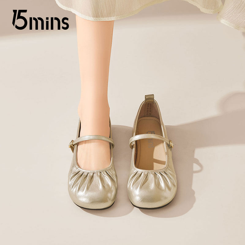 15mins玛丽珍鞋女平底单鞋2025春夏新款奶奶鞋浅口孕妇软底蛋卷鞋
