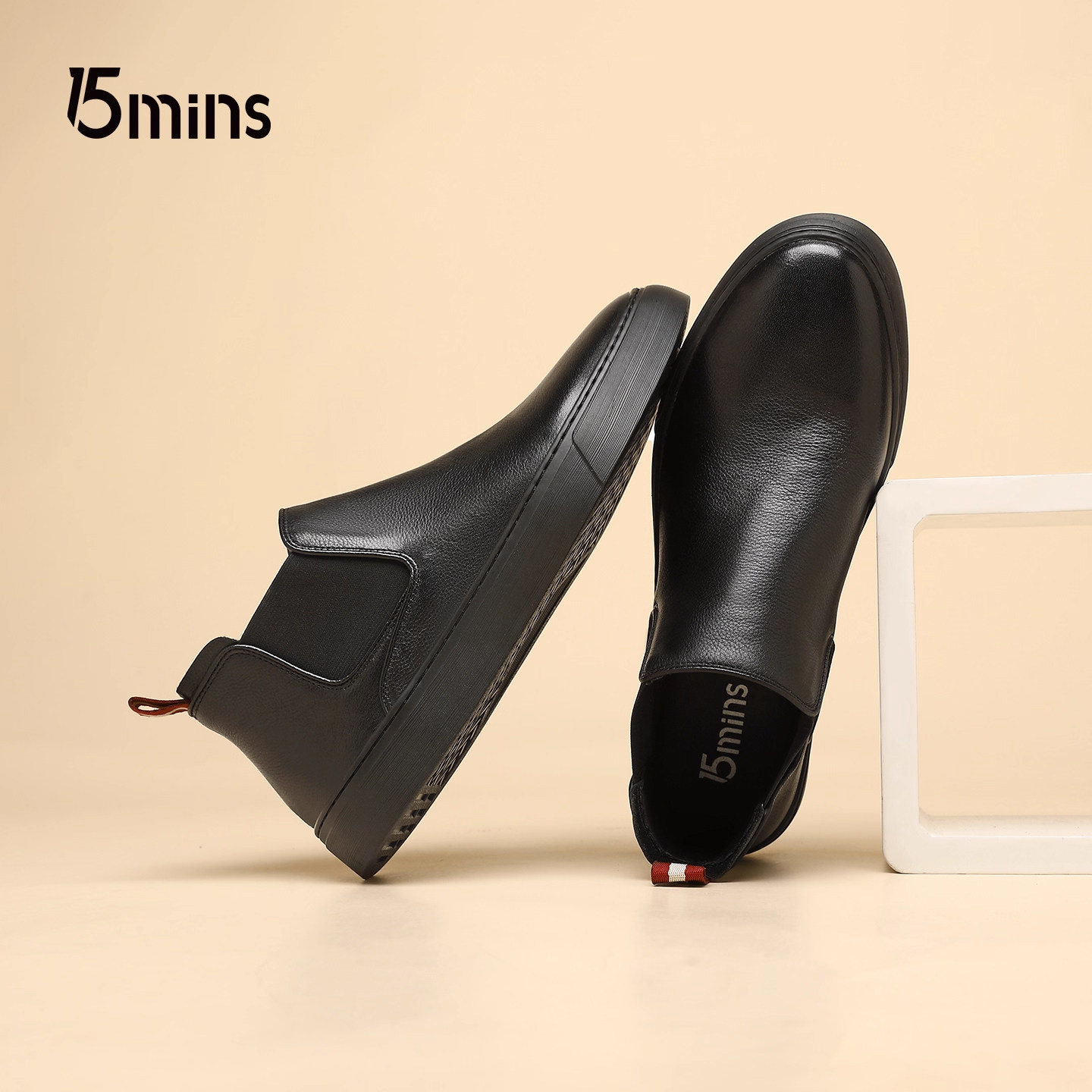 15mins头层牛皮男鞋男士秋冬款新款厚底防滑透气真皮套脚切尔西靴