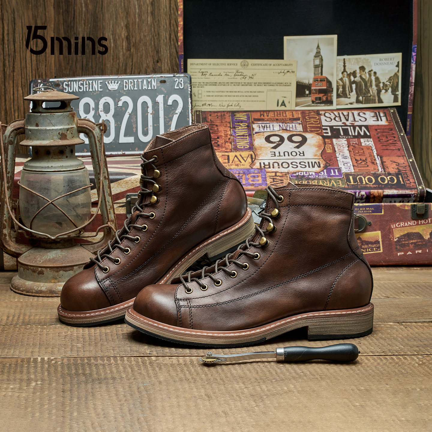15mins【高品质 头层牛皮】切尔西靴男士新款透气短靴高帮机车靴