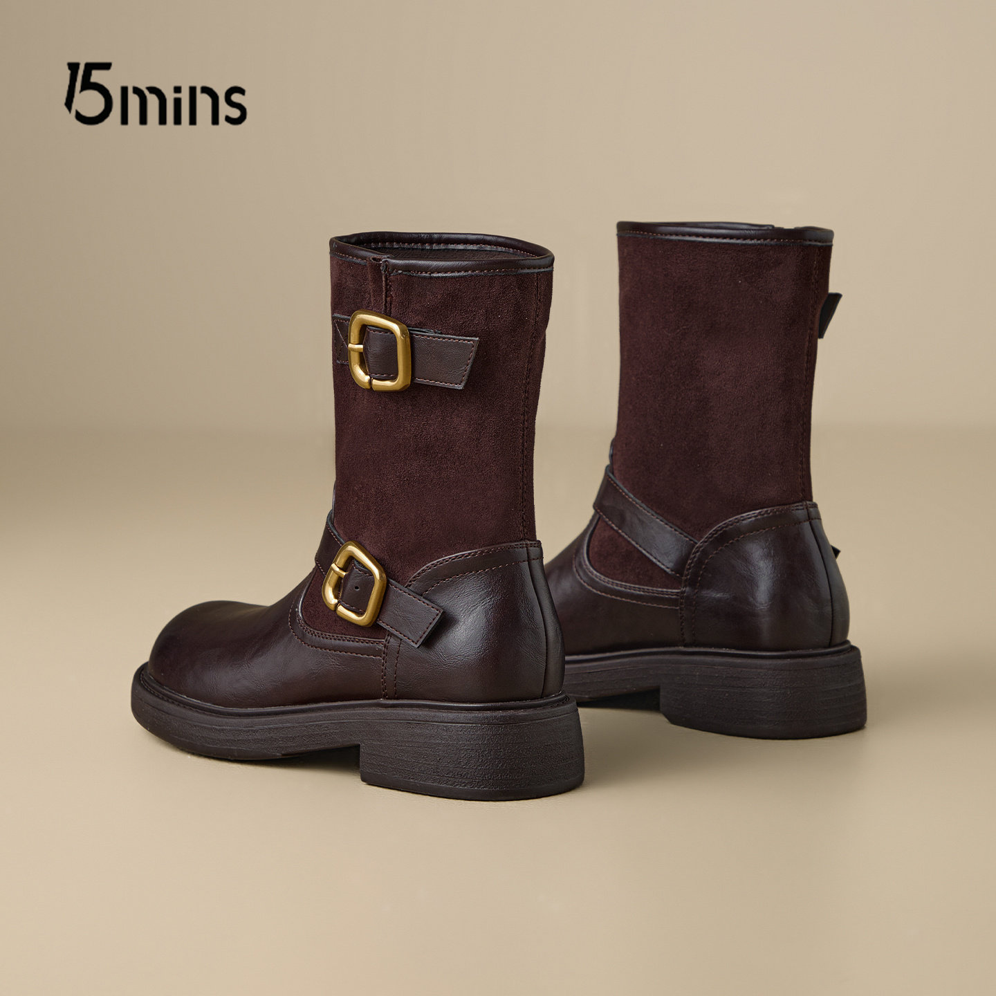15mins棕色靴子女2026新款春季圆头短靴复古方扣马丁靴一脚蹬女靴