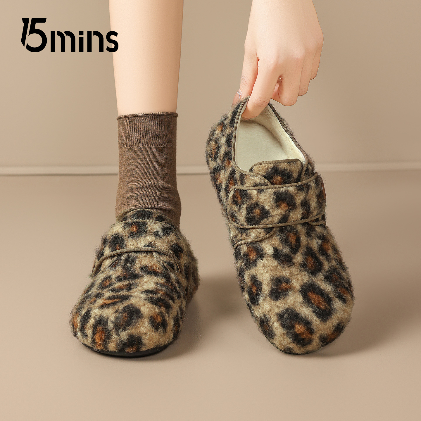 15mins豹纹加绒勃肯鞋女