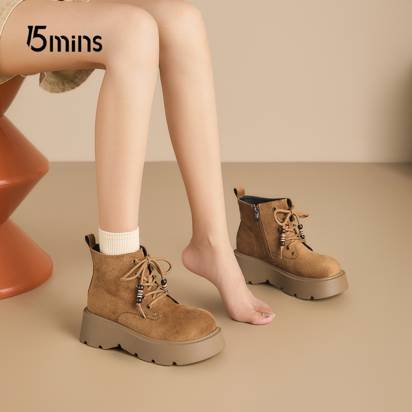 15mins小个子厚底靴子女勃肯短靴