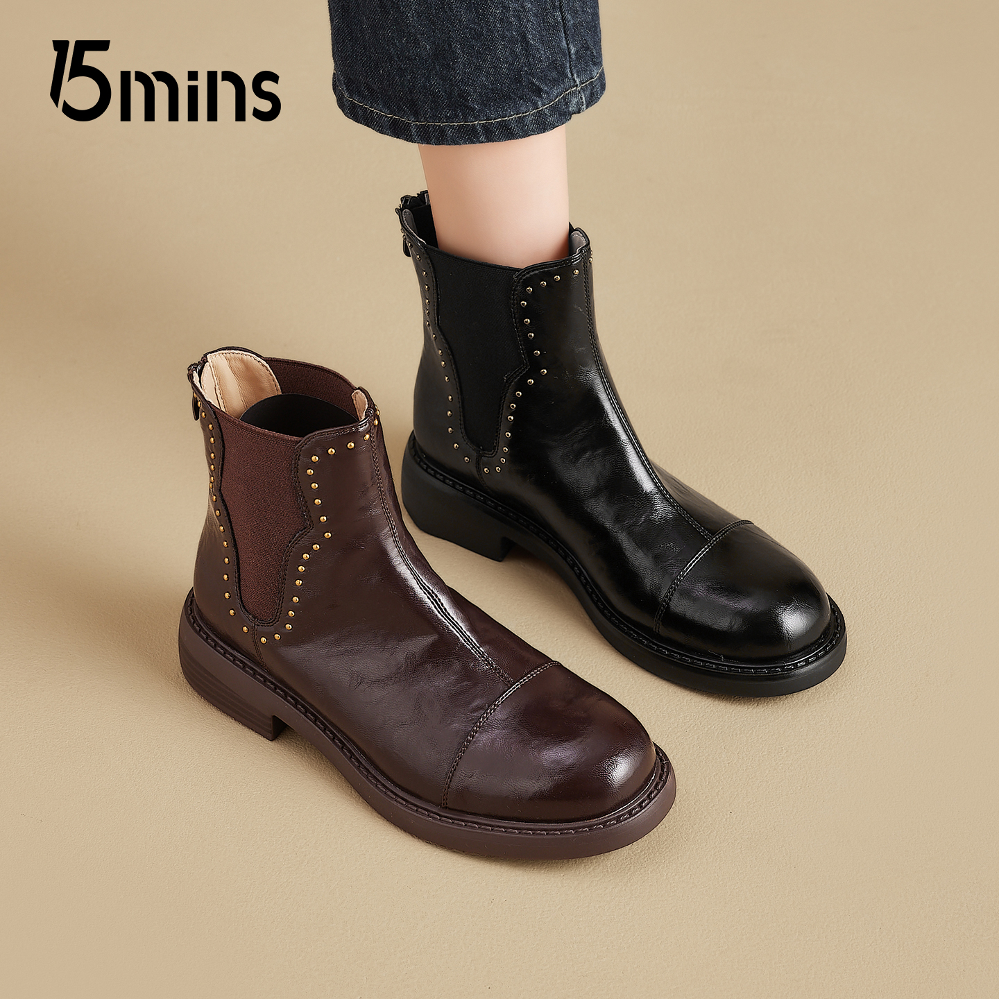 15mins时尚加绒短靴女2025冬