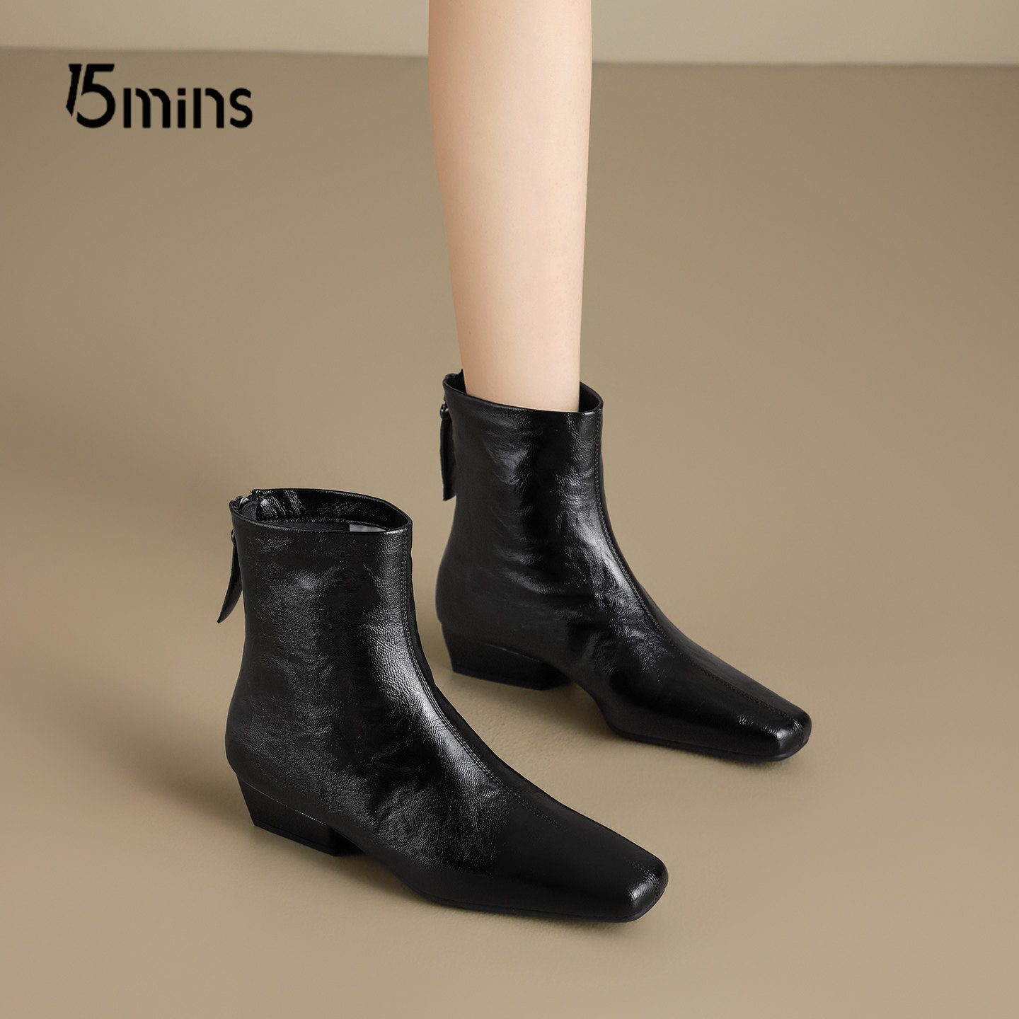 15mins法式低跟短靴女2026新款春季单里后拉链粗跟马丁靴瘦瘦靴子