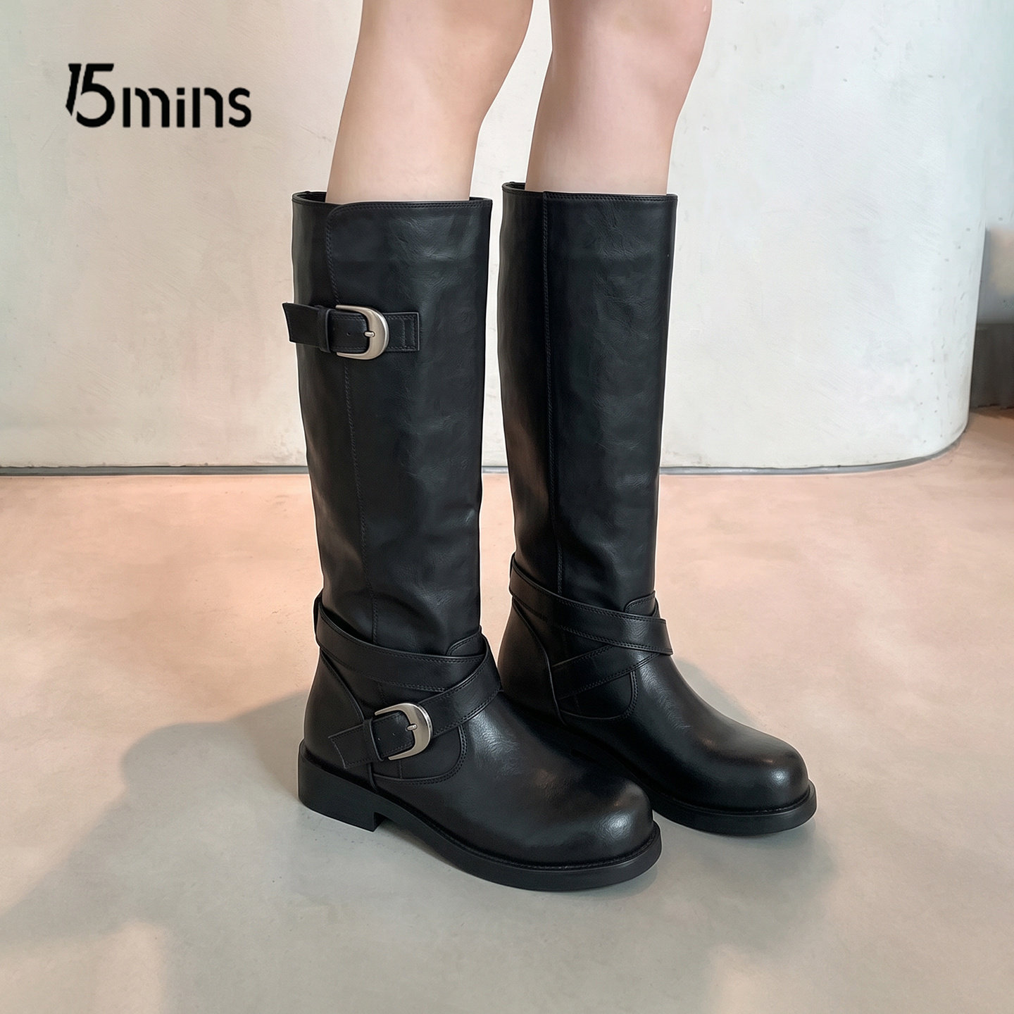15mins黑色皮带扣高筒骑士靴子女
