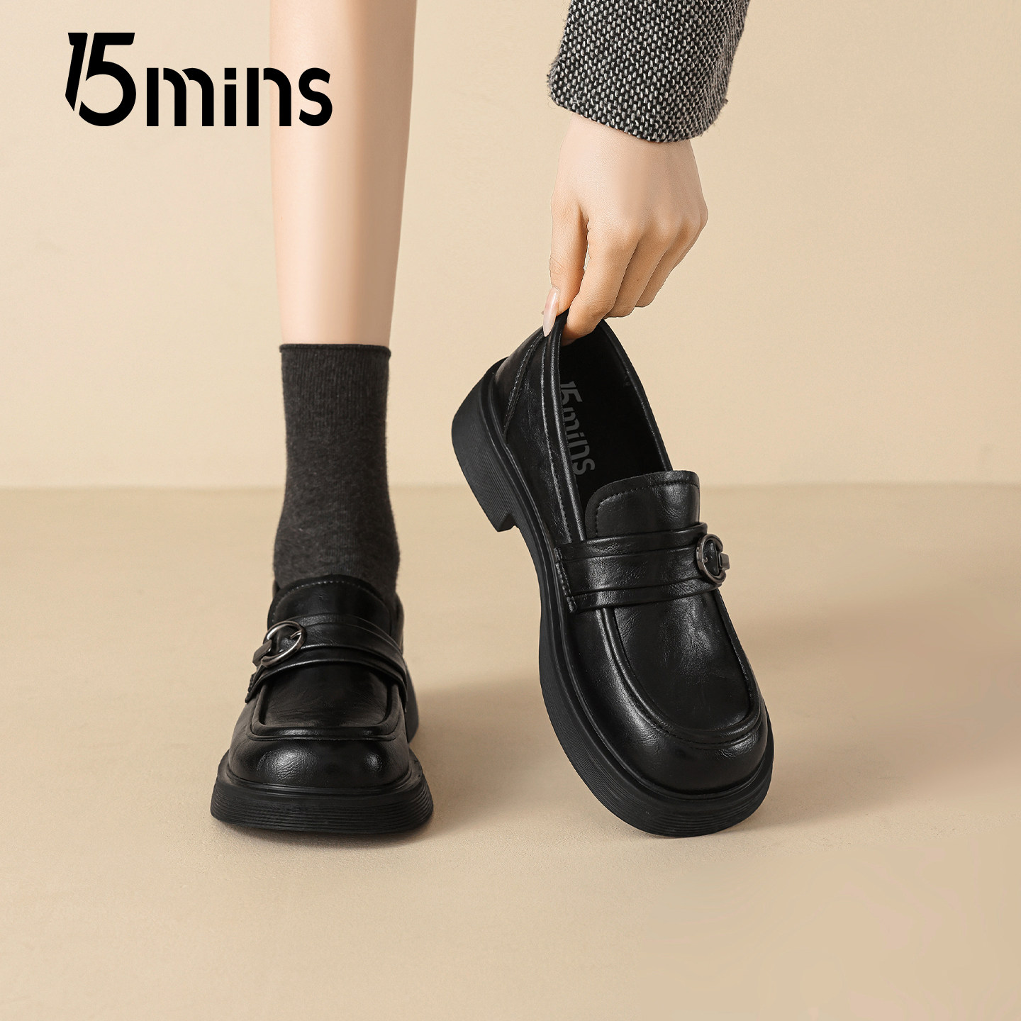 15mins英伦风乐福鞋女2025秋冬新款复古黑色皮带扣一脚蹬通勤单鞋,女鞋,乐福鞋（豆豆鞋）,淘宝优惠券,粉丝福利购,淘宝优惠卷