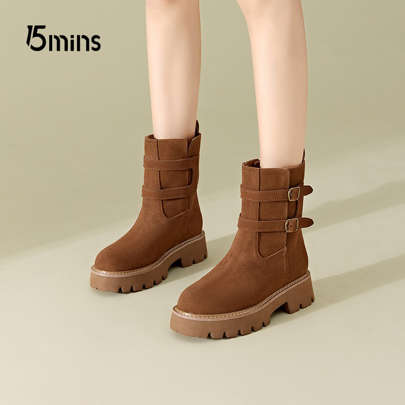 15mins厚底马丁靴女款2026新款冬季真皮加绒小个子增高粗跟短靴女