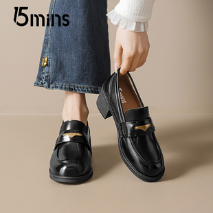 粗跟一脚蹬小皮鞋 黑色百搭单鞋 女2026春秋新款 15mins英伦风乐福鞋