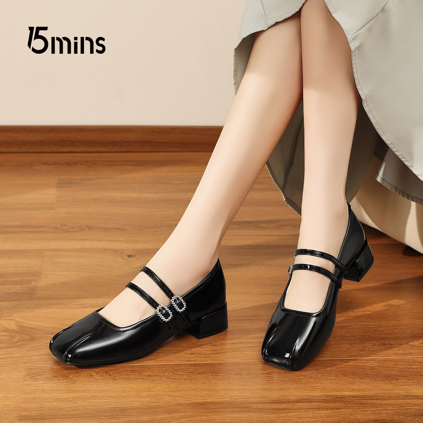 15mins黑色漆皮方头玛丽珍鞋女2026新款春季双带扣低跟通勤单鞋子,女鞋,玛丽珍鞋,淘宝优惠券,粉丝福利购,淘宝优惠卷