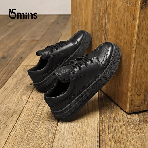 15mins男鞋防滑软底软面板鞋系带真皮透气耐磨头层牛皮休闲皮鞋男