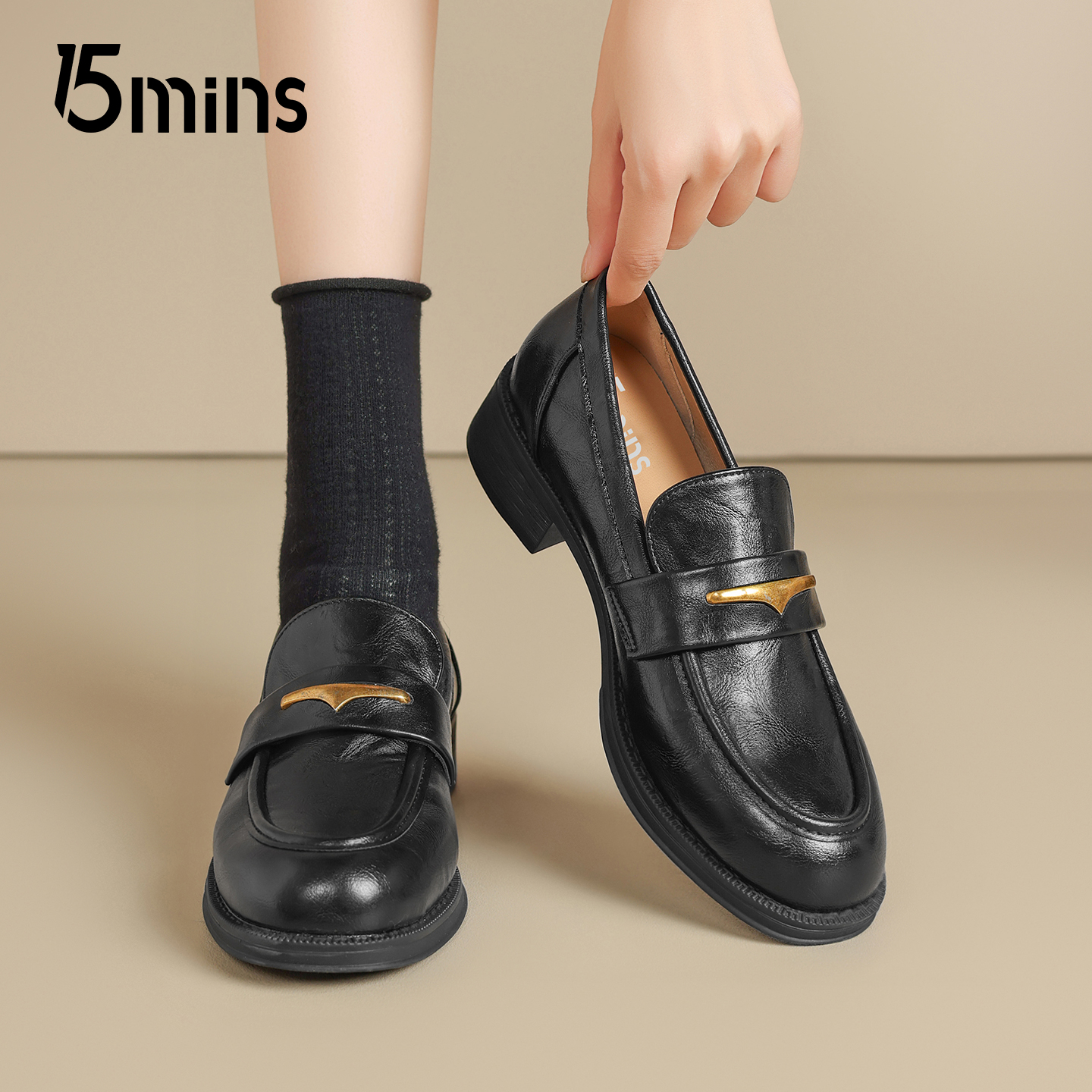 15mins粗跟黑色乐福鞋英伦风单鞋