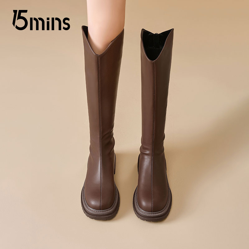 15mins长筒靴棕色V口厚底骑士靴