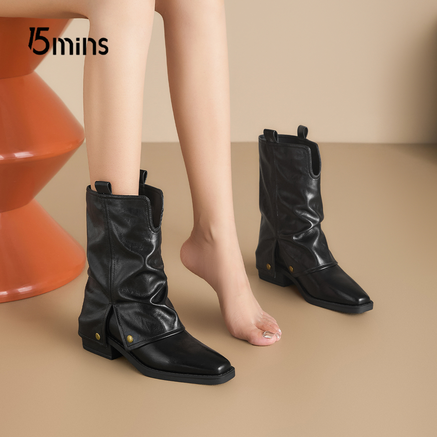 15mins方头裤管靴女粗跟复古短靴
