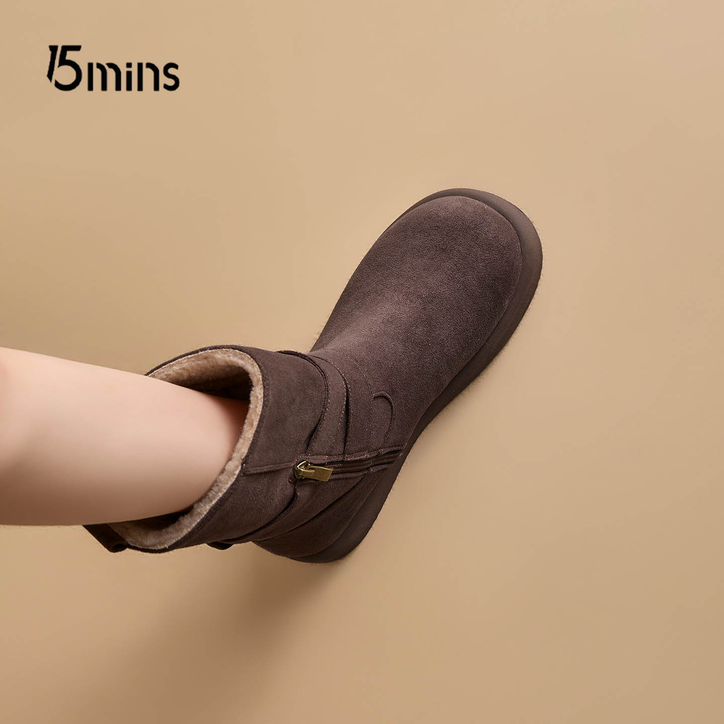 15mins复古棕色短靴女保暖瘦瘦靴