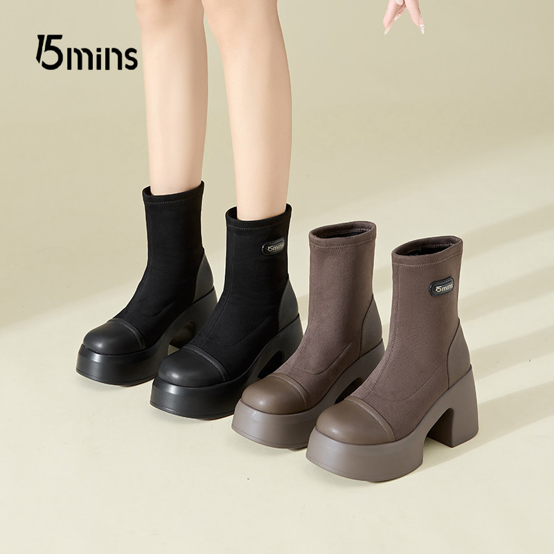 15mins高跟短靴女秋冬季2026年新款增高马丁靴粗跟高跟鞋瘦瘦靴子