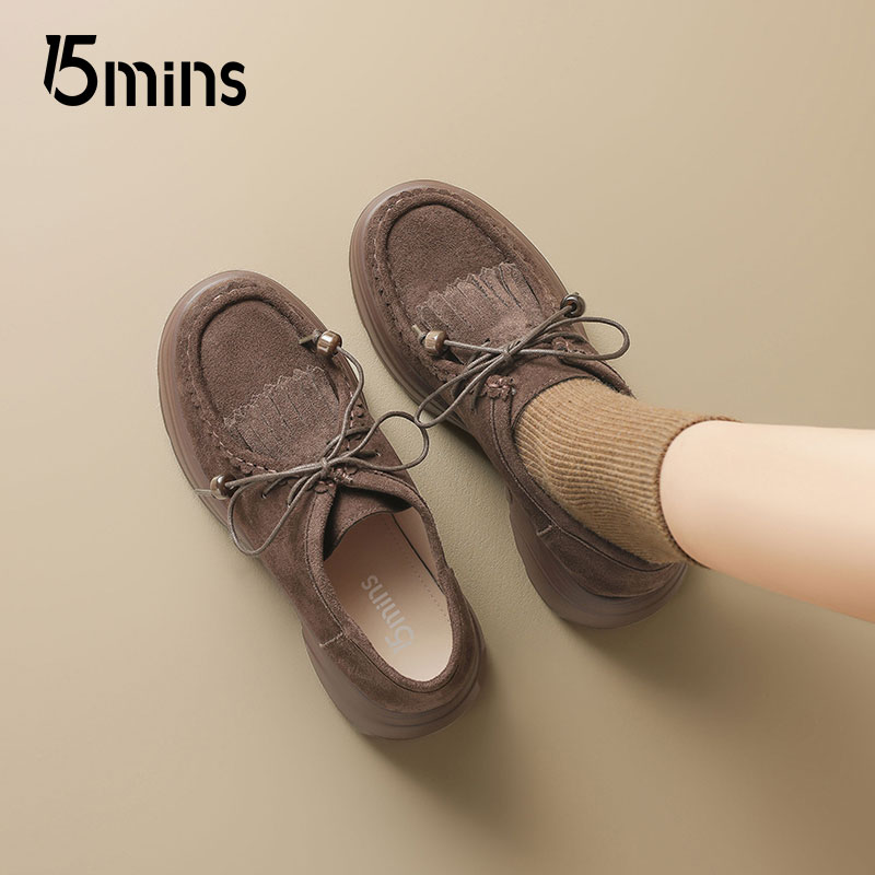 15mins棕色复古乐福鞋女2025