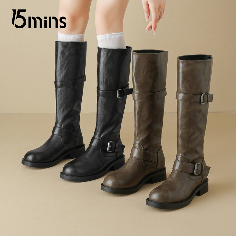 15mins复古皮带扣骑士靴子女2025