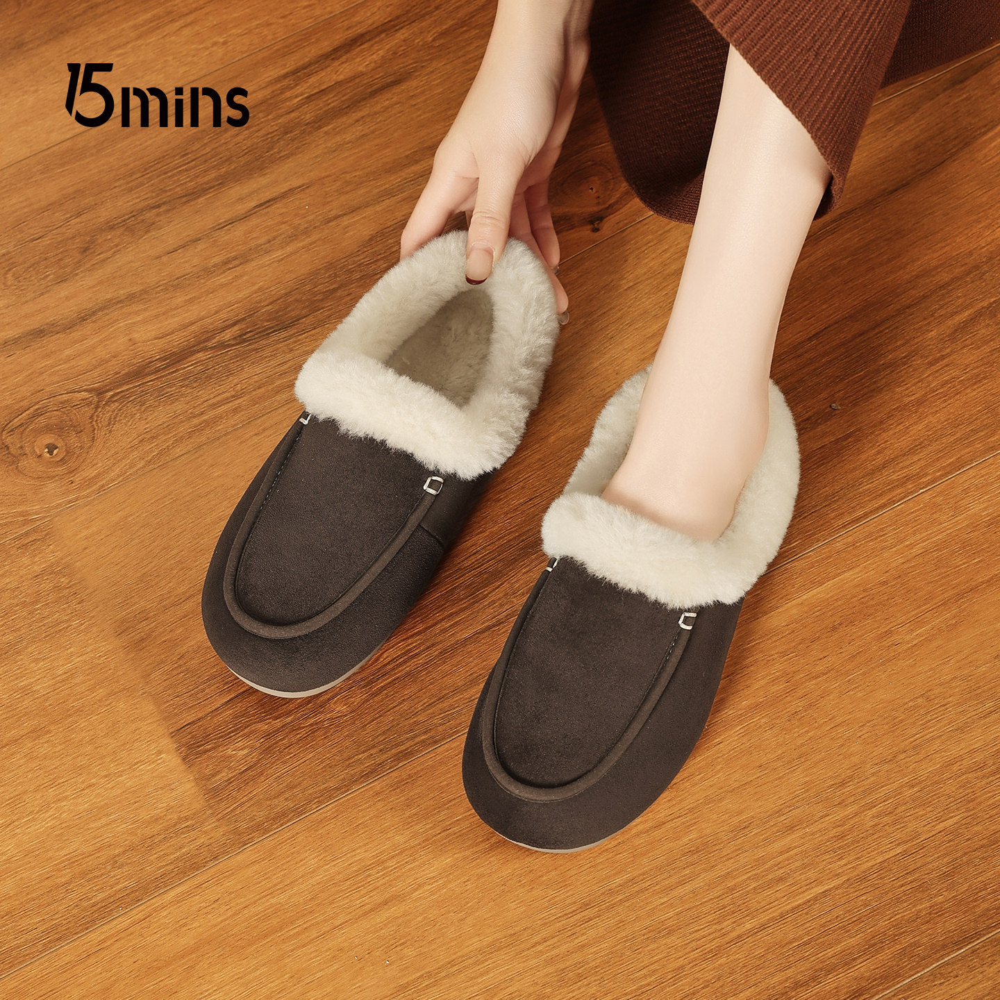 15mins东北棉鞋女款2026新款易穿脱雪地靴保暖外穿包头拖鞋毛毛鞋