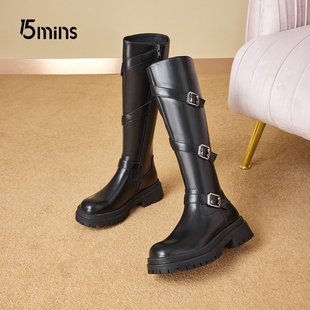 15mins加绒长筒靴女款 秋冬加绒粗跟高筒靴显瘦黑色长靴子 2026新款