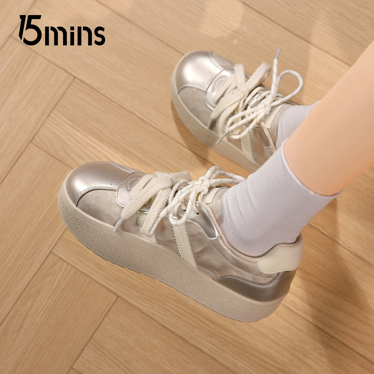 15mins厚底德训鞋女2026春季新款韩版香槟色系带休闲百搭增高板鞋