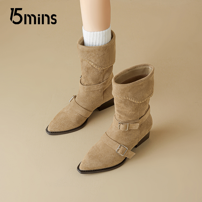 15mins复古尖头中筒靴女2025秋季