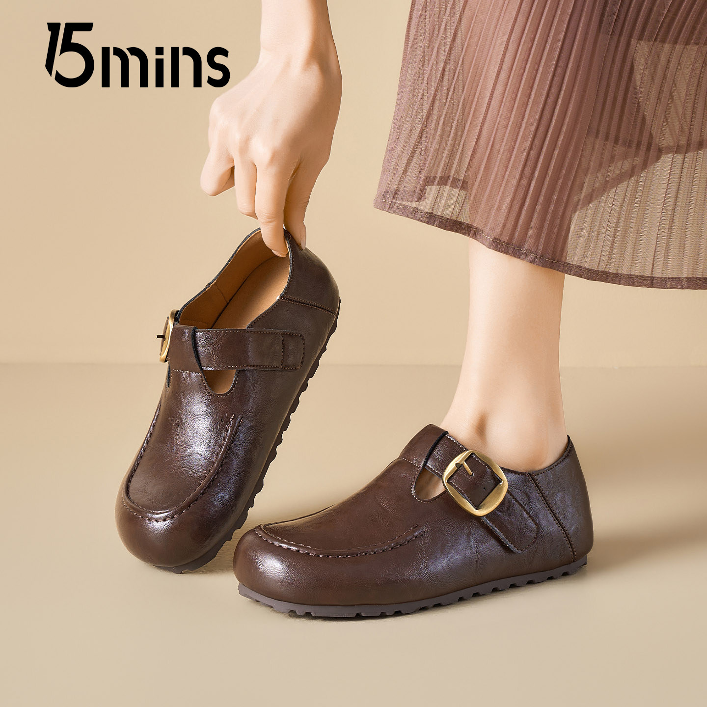 15mins全包勃肯鞋女款2026新款春季一脚蹬软底单鞋舒适百搭小皮鞋