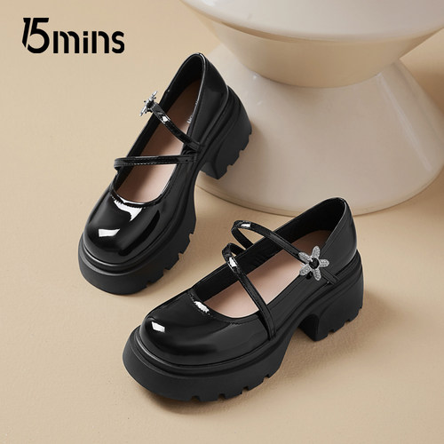 15mins玛丽珍鞋女黑色乐福鞋