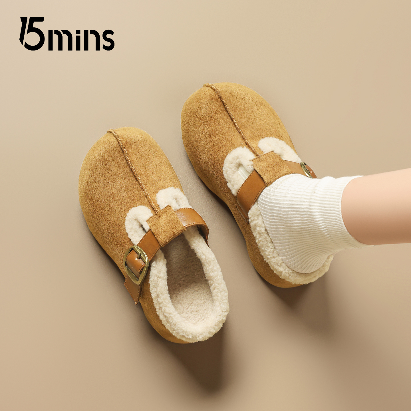 15mins厚底毛毛鞋勃肯鞋女2025冬