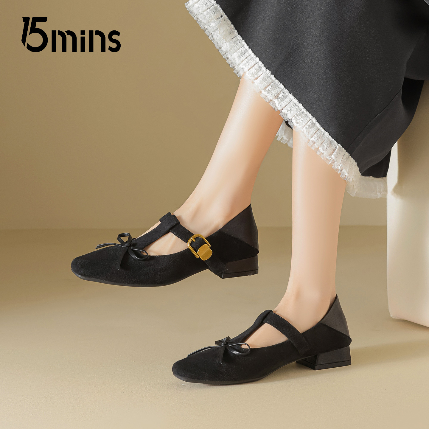 15mins法式方头玛丽珍鞋女