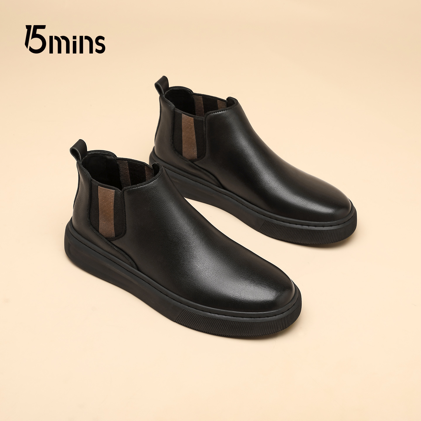 15mins头层牛皮男鞋男士秋季新款平底防滑中帮套脚真皮休闲皮鞋子
