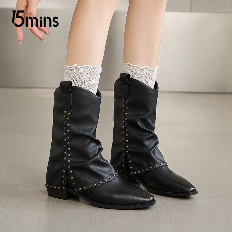 15mins西部牛仔靴中筒靴女