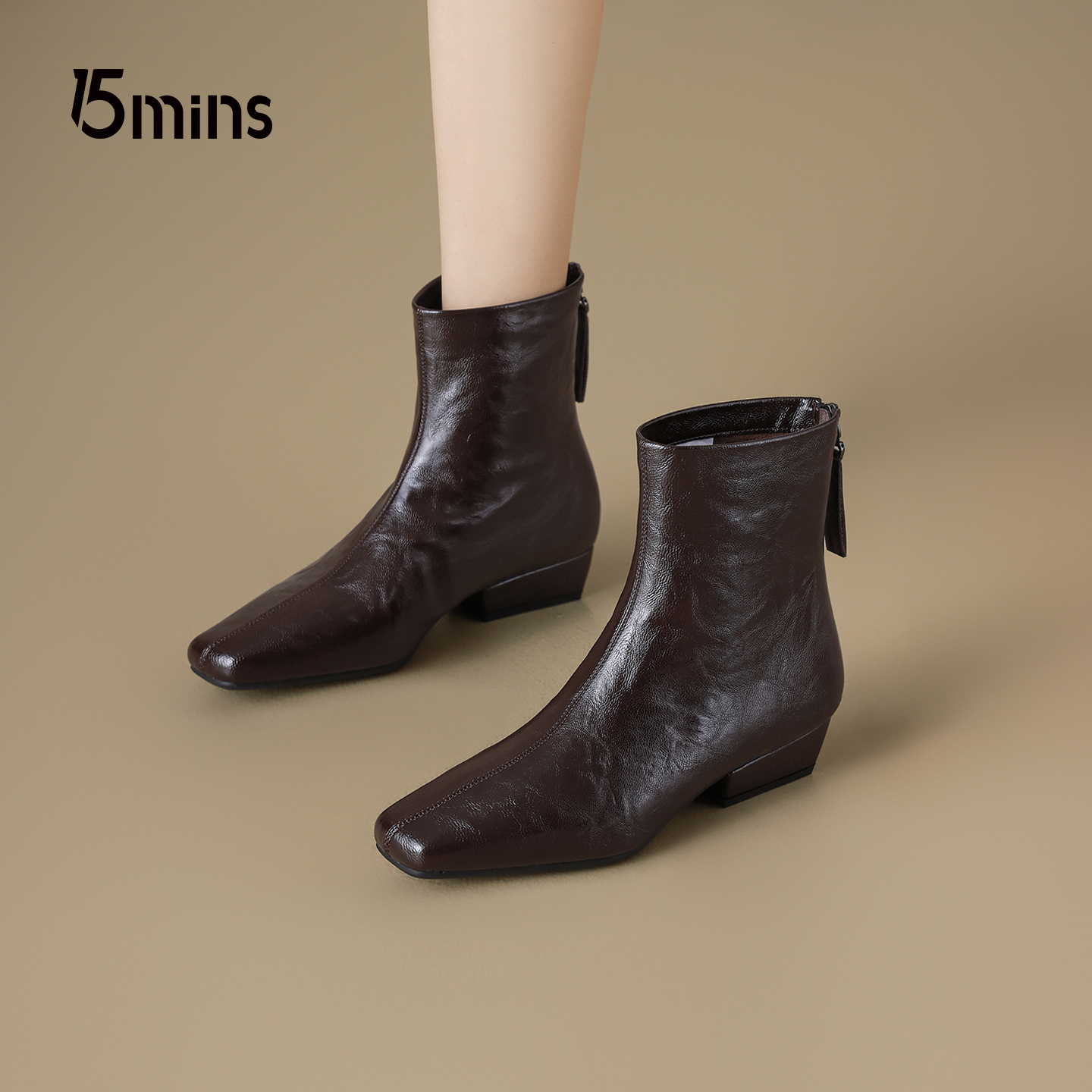 15mins法式气质低跟短靴女瘦瘦靴