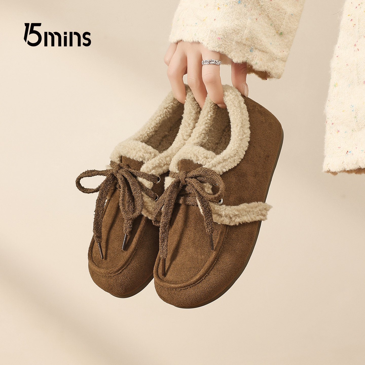 15mins平底系带棉鞋女2026新款秋冬加绒雪地靴勃肯鞋保暖毛毛鞋子