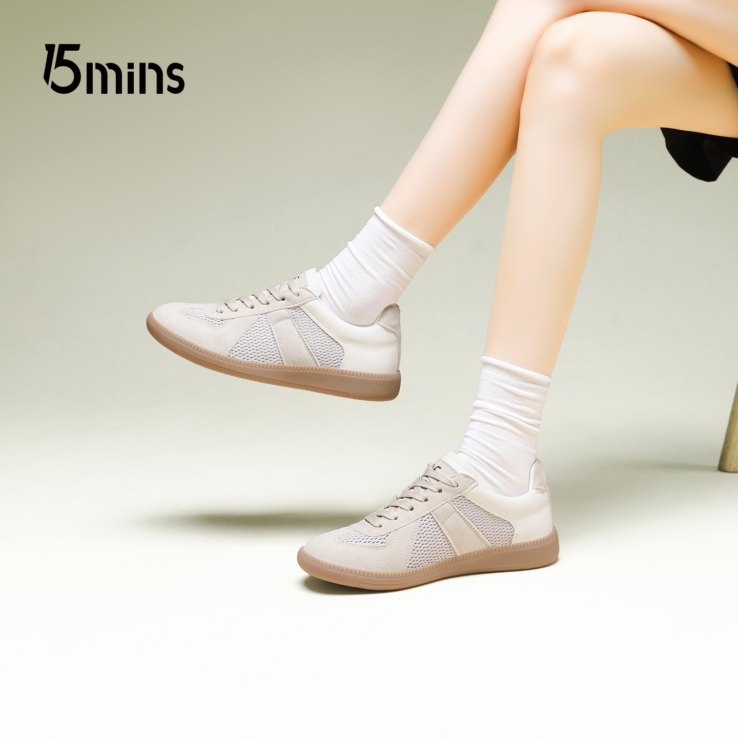 15mins休闲德训鞋女2025年秋季真皮透气软底网面休闲情侣板鞋子男