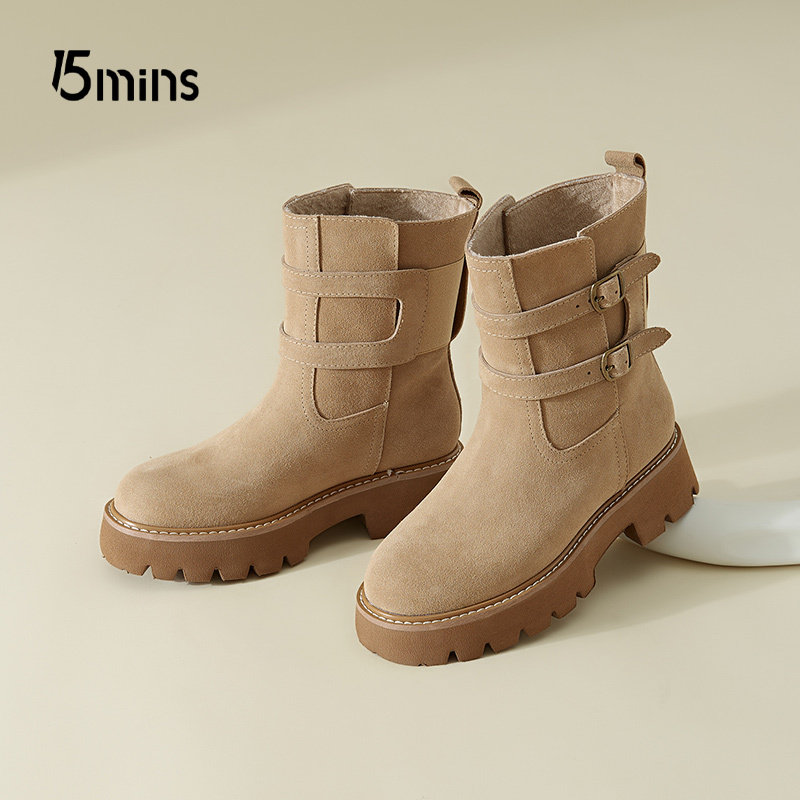 15mins厚底马丁靴女款2026新款冬季真皮加绒小个子增高粗跟短靴女