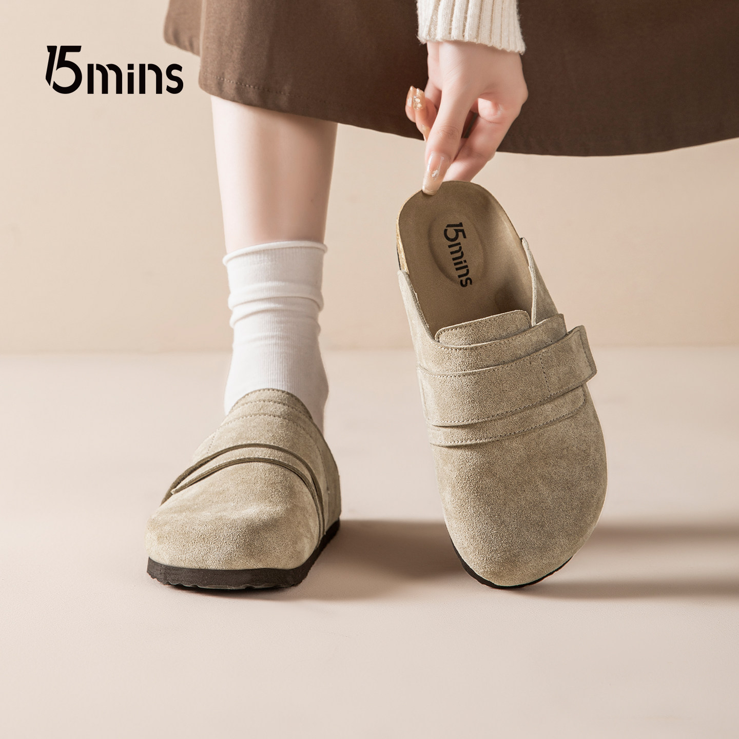 15mins加绒勃肯鞋女款2025冬季新款外穿包头拖鞋男穆勒情侣一脚蹬