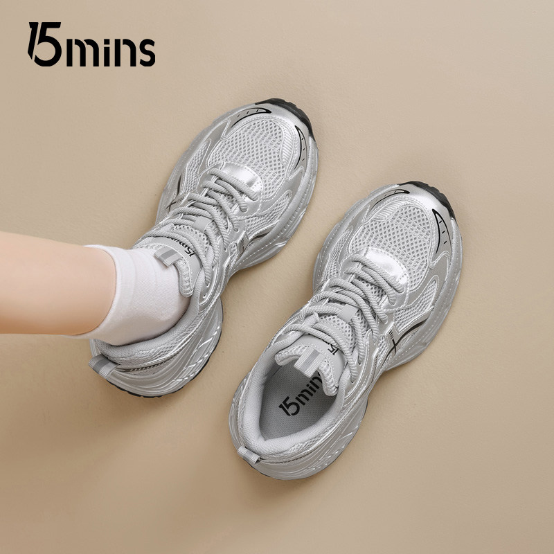 15mins银色巨好看老爹鞋女2026新款春季厚底网面透气超轻运动鞋潮
