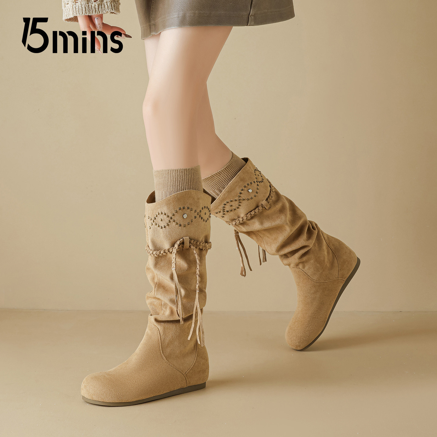 15mins欧美风流苏褶皱骑士靴女款2026春季新款复古高筒废土风靴子