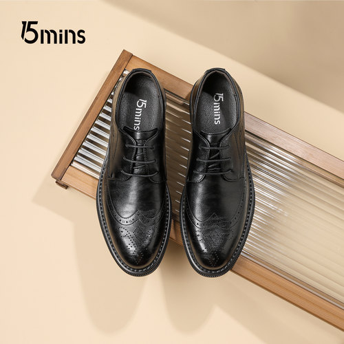 15mins男鞋2025新款休闲透气皮鞋镂空布洛克商务内增高新郎结婚鞋