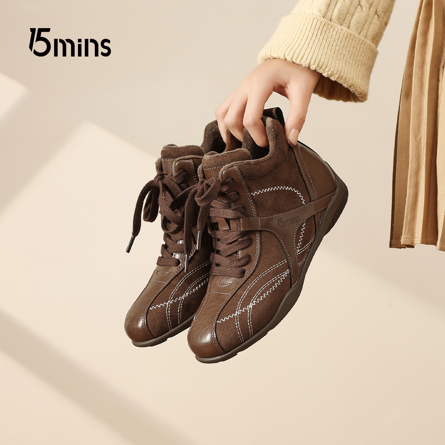 15mins棕色德训鞋女2025冬季新款