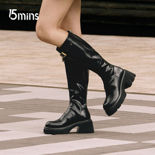 靴子 骑士靴厚底不过膝时装 15mins小个子粗跟高筒靴女2025新款 冬季
