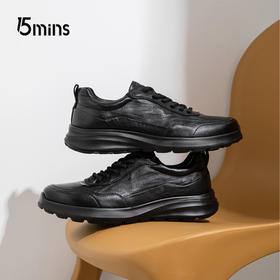 15mins头层牛皮男鞋2025男士秋季新款真皮透气厚底户外运动休闲鞋