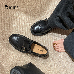 15mins英伦风布洛克雕花孟克皮鞋女2026新款厚底乐福鞋黑色单鞋子