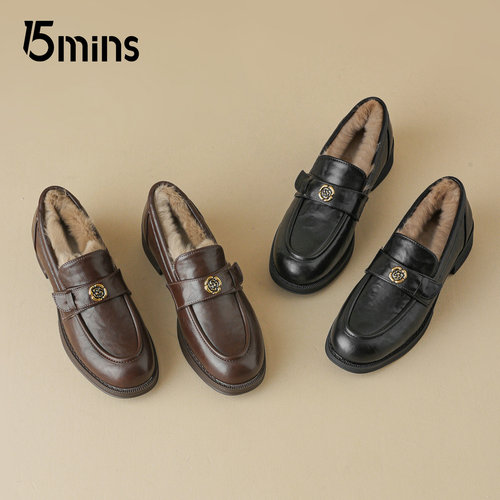 15mins黑色加绒小皮鞋女2025冬