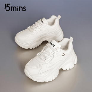 女款 增高白色皮面运动女鞋 2025春季 小白鞋 子 新款 15mins厚底老爹鞋